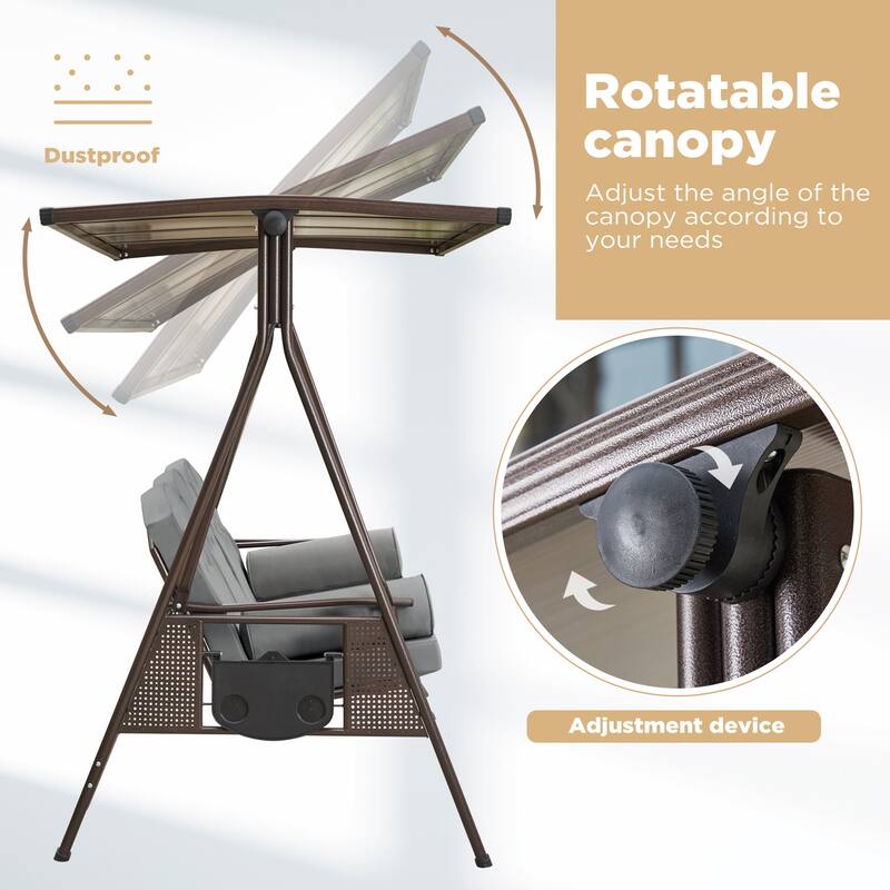 Outdoor 3-Seat Porch Swing with Adjustable Canopy & Cup Holder,Porch Swing Glider Chair, Heavy-Duty Steel Frame