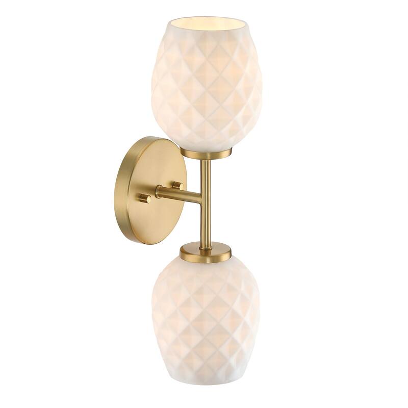 Dita 17 in. 2-Light Brushed Gold Wall Sconce with Etched Opal Glass Shades