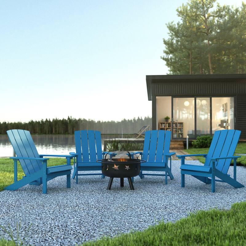 Star and Moon Fire Pit with Mesh Cover & 4 Poly Resin Adirondack Chairs - Blue