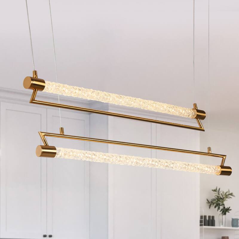 Modern 2-Tier Gold LED Linear Island Chandelier for Kitchen Island Dining Room - W42" x H66.5" Max