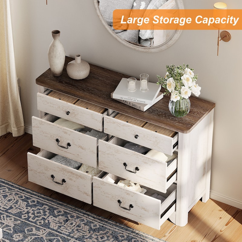 WAMPAT Farmhouse Dresser TV Stand with 6 Drawers for TVs up to 55 Inch, Wood Entertainment Center with Storage