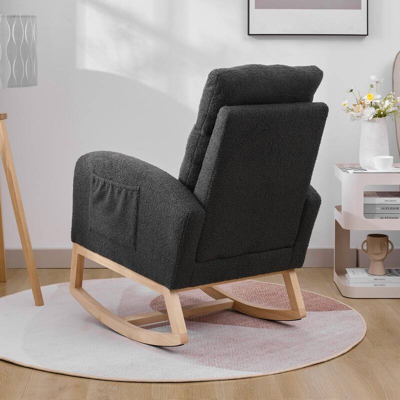 Dark Grey Polyester Wood Rocking Chair with High Back and Side Pocket - 35.43” D x 25.98” W x 40.94” H
