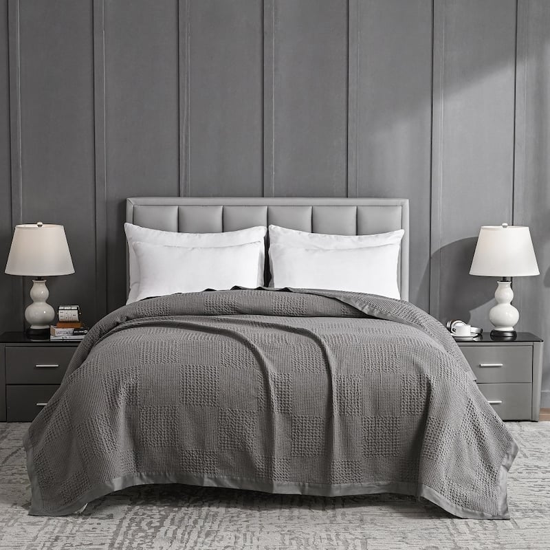 100% Cotton Waffle Weave Lightweight Bed Blanket, Cotton Sateen Bordered