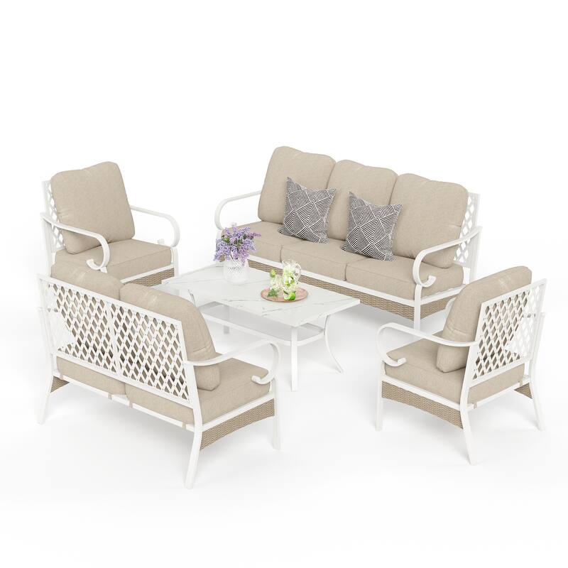 MAISON ARTS 7-Seat Patio Conversation Set, 2/4 x Cushioned Metal Chair, 1 x 2-Seat Sofa,1 x 3-Seat Sofa with Coffee Table - Set 4 - Beige