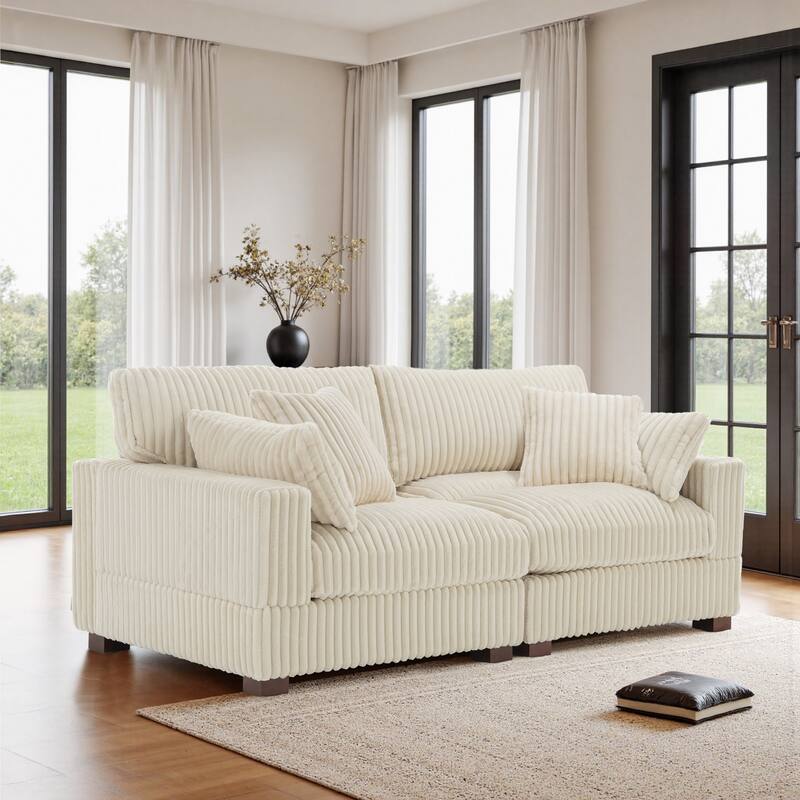 Cotton Flannel Sectional Sofa w/ Adjustable Headrests & Pillows - White