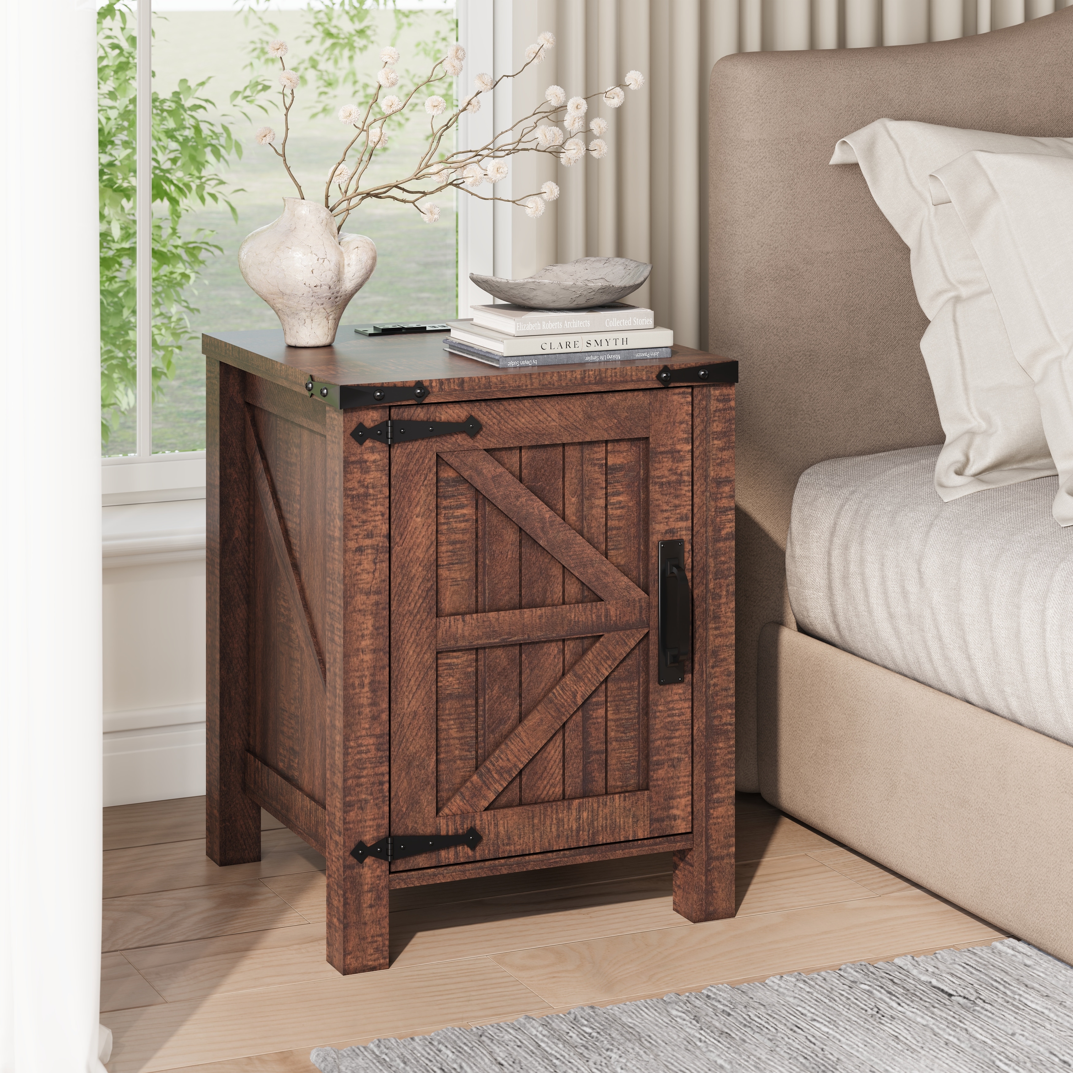 Farmhouse Nightstand with Charging Station, End Table with Barn Door