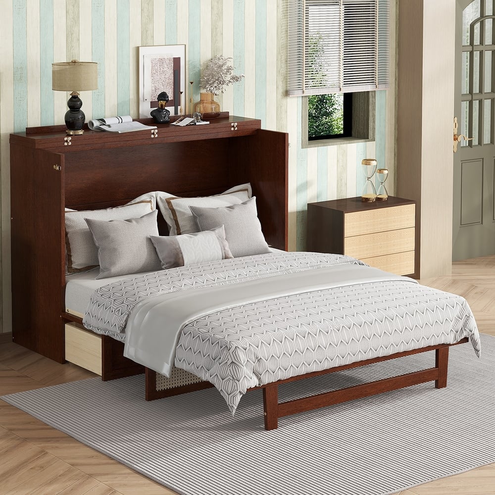 Queen Size Wall Murphy Bed, Pine Wood Foldable Cabinet Bed with Rattan Decoration and Storage Drawer, Wood Slats Support