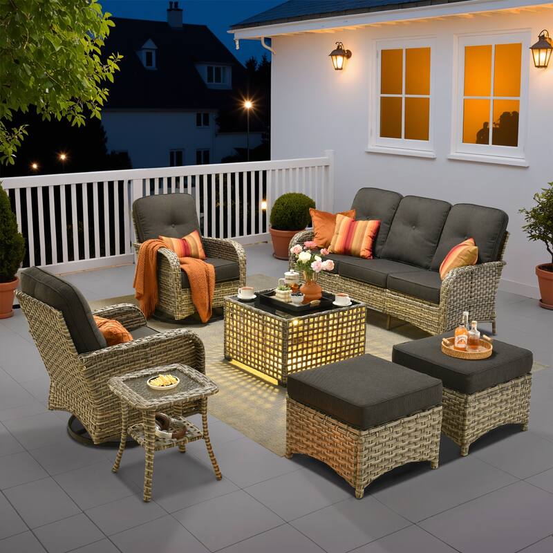 OVIOS 7-piece Patio Wicker Conversation Furniture Set - Black