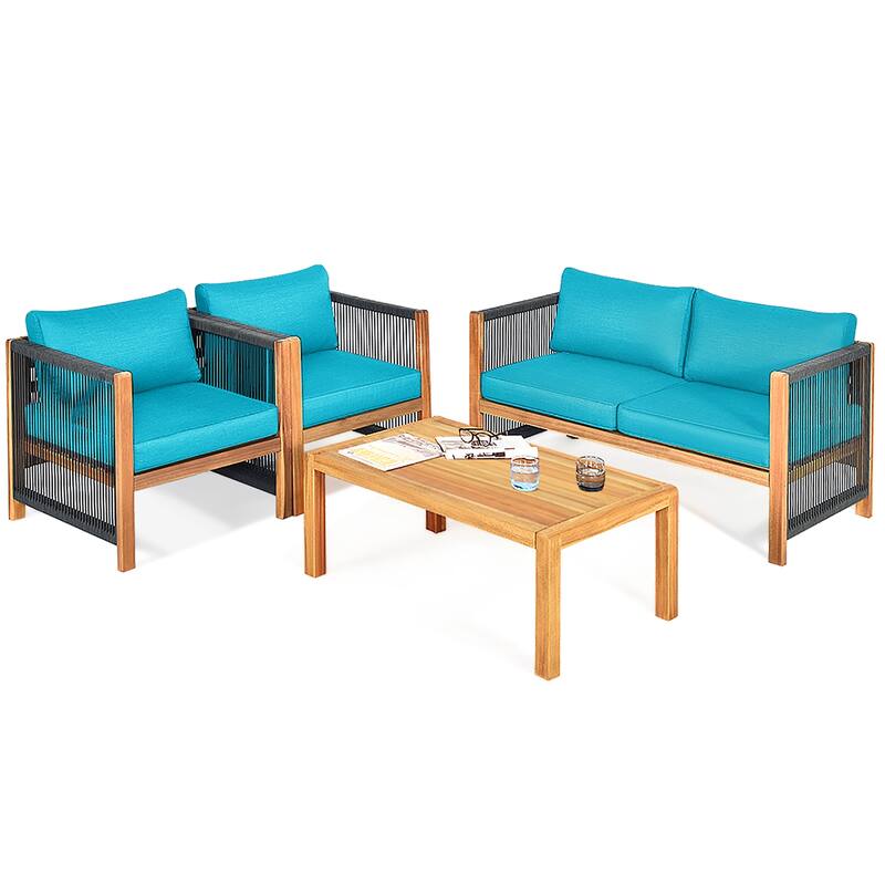 Costway 4PCS Wooden Patio Furniture Set Cushioned Sofa W/Rope Armrest - 4-Piece Sets