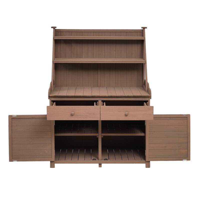 Garden Potting Bench Table, Fir Wood Workstation with Storage Shelf, Drawer and Cabinet - Brown