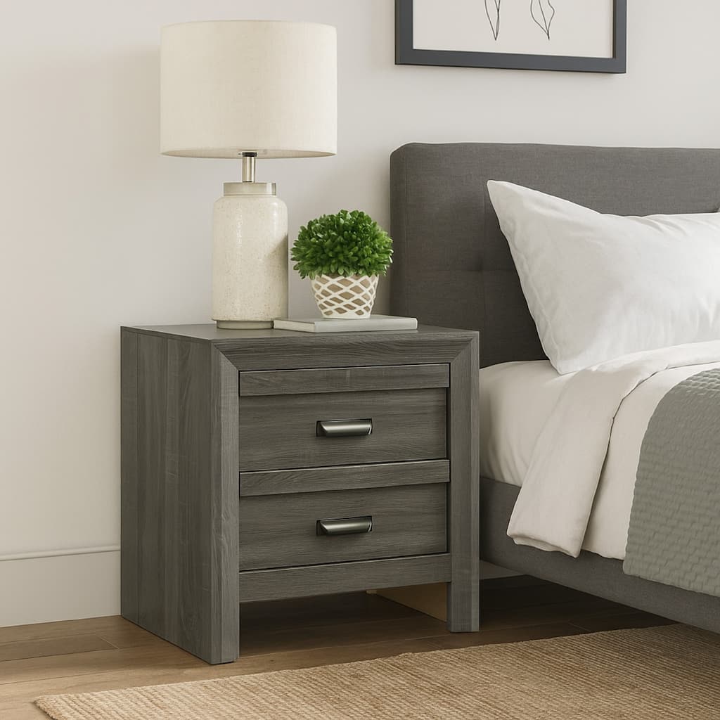 Velz Nightstand, 2 Drawers, Metal Finger Pull Handles, Dark Gray Wood