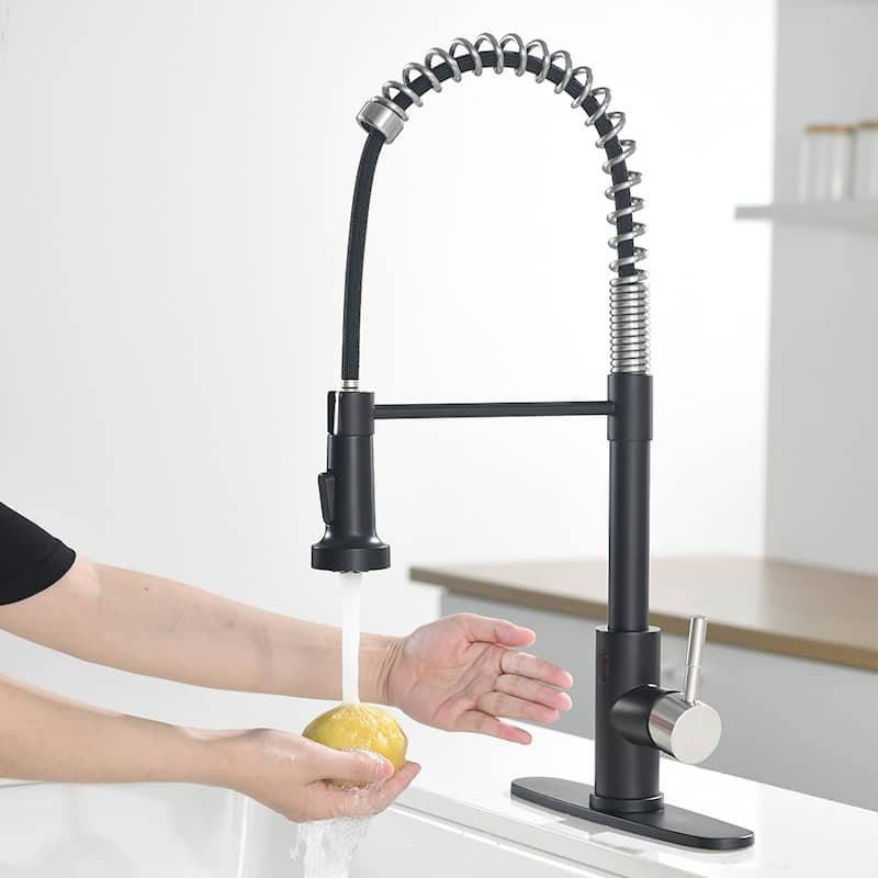Touchless Spring Kitchen Faucet with AC Adapter and Deck Plate - Black and Silver