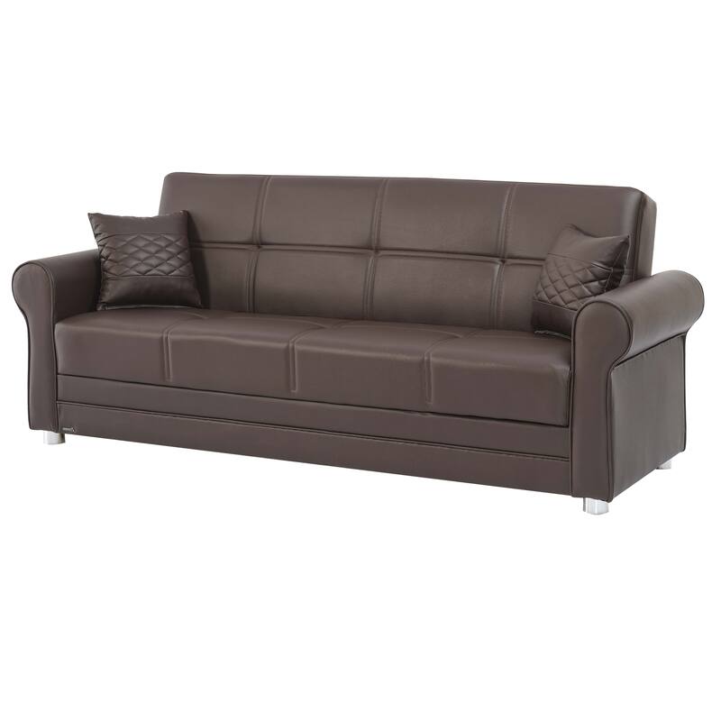 HomeRoots 89" Brown Faux Leather Convertible Futon Sleeper Sofa And Toss Pillows With Storage
