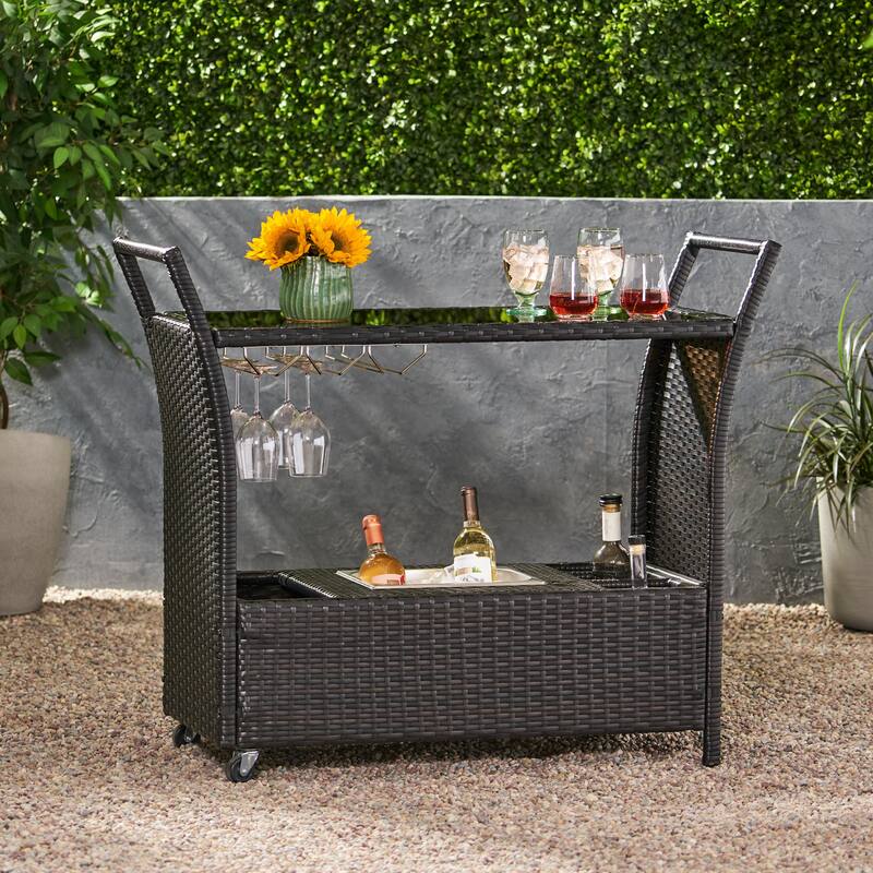 Roomfitters Outdoor Bar Cart with Wine Rack, Glass Holder and Ice Bucket, Wicker Patio Serving Trolley