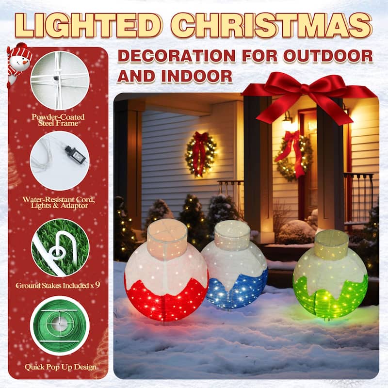 VEIKOUS 35 in. H Warm White LED Ball Pop Up Ornament Christmas Holiday Yard Decoration (3-Piece)