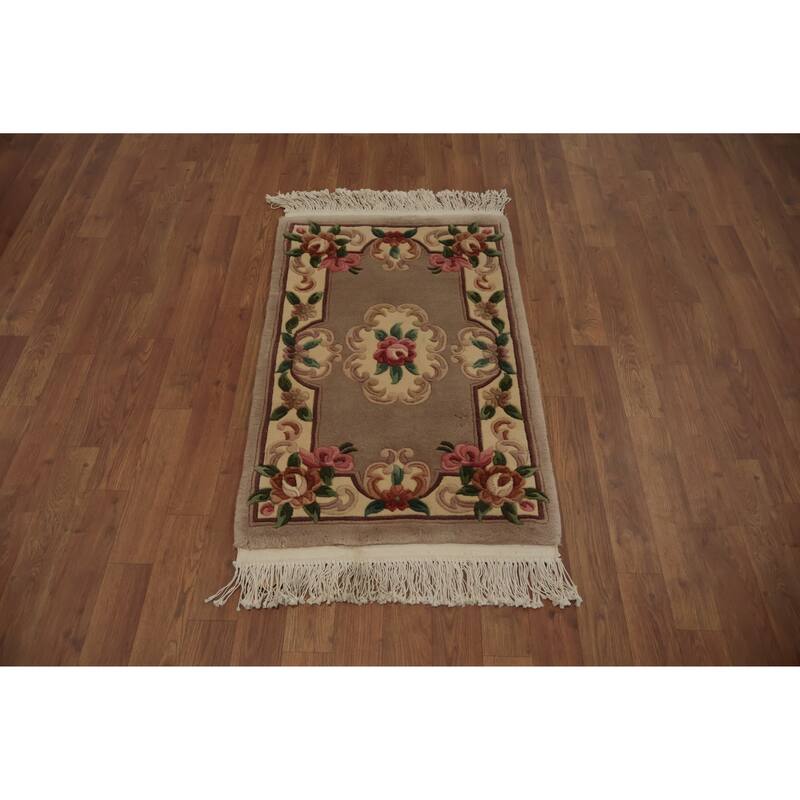 Hand Knotted Oriental 100% Wool Carpet Traditional Floral Brown Art Deco Area Rug - 3' 4'' X 2' 0''
