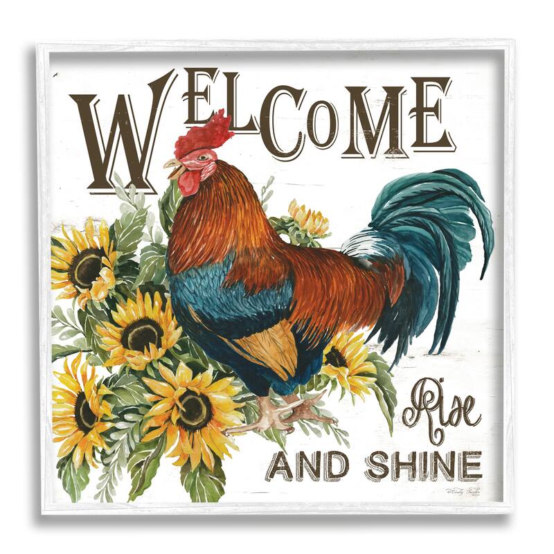 Stupell Rise & Shine Rooster Framed Giclee Art Design by Cindy Jacobs - 24 x 24 - White
