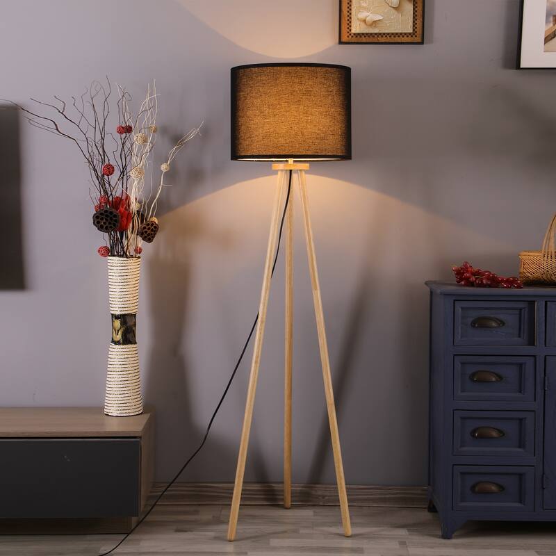61 in. Traditional Tripod Floor Lamp with Rubberwood Base and Linen Drum Shade for Bedroom, Living Room, Dining Room