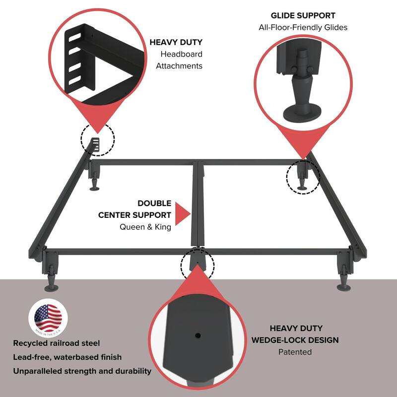 Heavy Duty Multi-Fit Bed Frame - Twin, Full, Queen, King, Cal King - Universal Rail Design