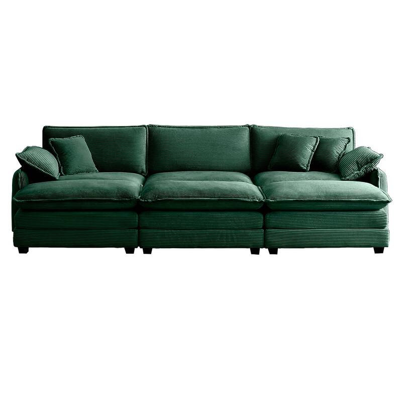 3-seater Corduroy Modular Sectional Sofa Set with Ottomans - Green