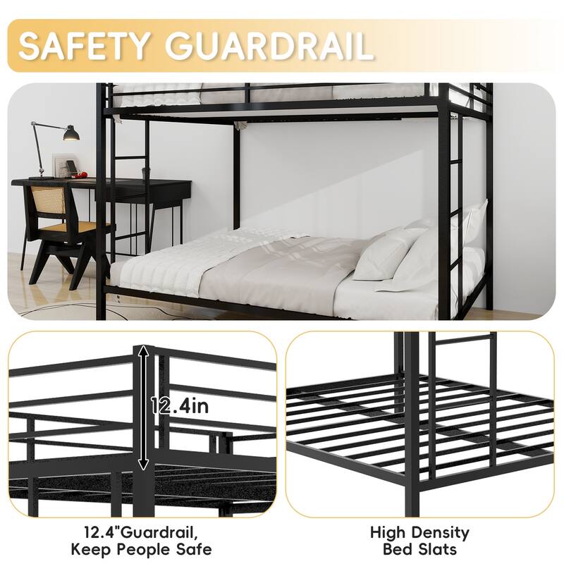 Queen Multi-Functional Square Tube Iron Bunk Bed, Robust Metal Frame Resists Wear, Ideal for Optimizing Vertical Space