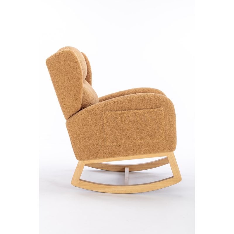 Glider Rocking Chair with Wing Back, Teddy Leisure Chair with Wood Legs, Upholstered Rocker Chair with Side Pocket