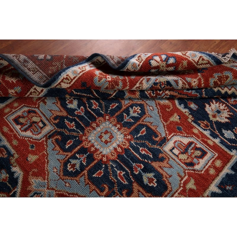 Blues & Orange Heriz Serapi Indian Area Rug Hand-Knotted Wool Carpet - 7'7" x 9'11"