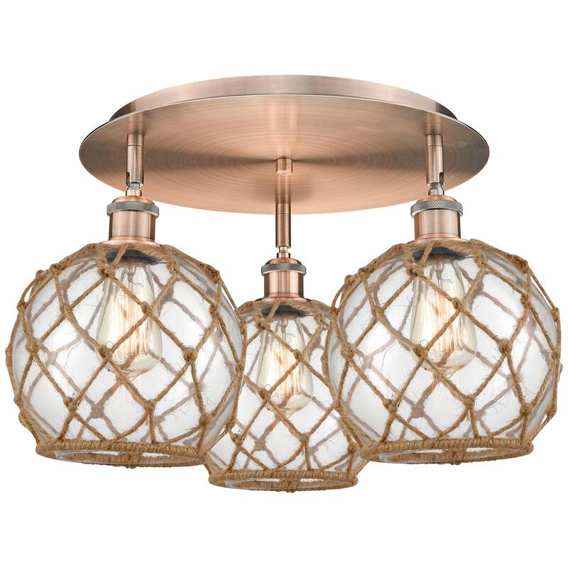 Innovations Lighting Endless Possibilities Ballston - Farmhouse Rope - 3 Light 20" Flush Mount - Clear Glass with Brown Rope/Antique Copper