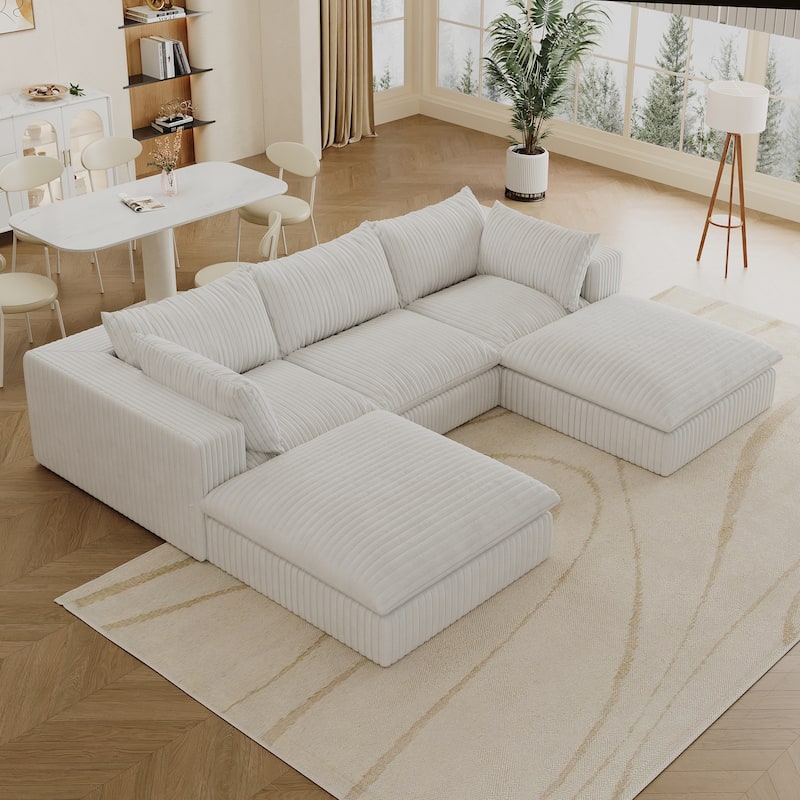 Modular Deep Seat Couch U-shaped Sectional Sofa with Chaise Lounge Corduroy Upholstered Sleeper Sofa Bed with Ottomans - White