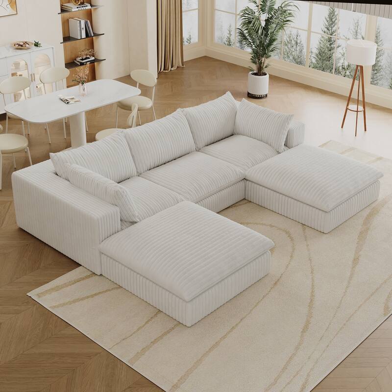 Modular Sectional Sofa with Ottoman, Oversized Corduroy Upholstered Cloud Sofa, 3 Seater Sofa with Removable Cushion
