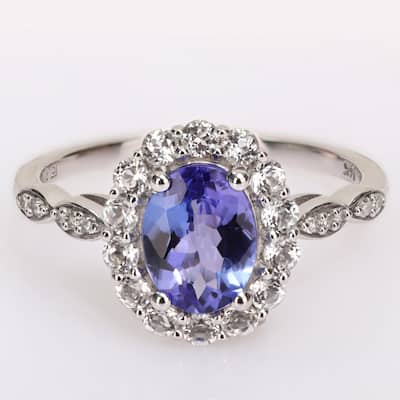 Miadora 14k White Gold Oval-cut Tanzanite, White Topaz and Diamond Accent Halo Cocktail Ring