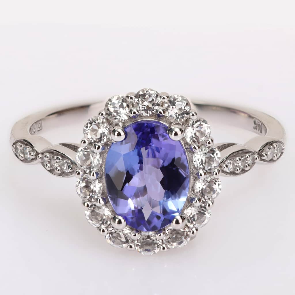 Miadora 14k White Gold Oval-cut Tanzanite, White Topaz and Diamond Accent Halo Cocktail Ring