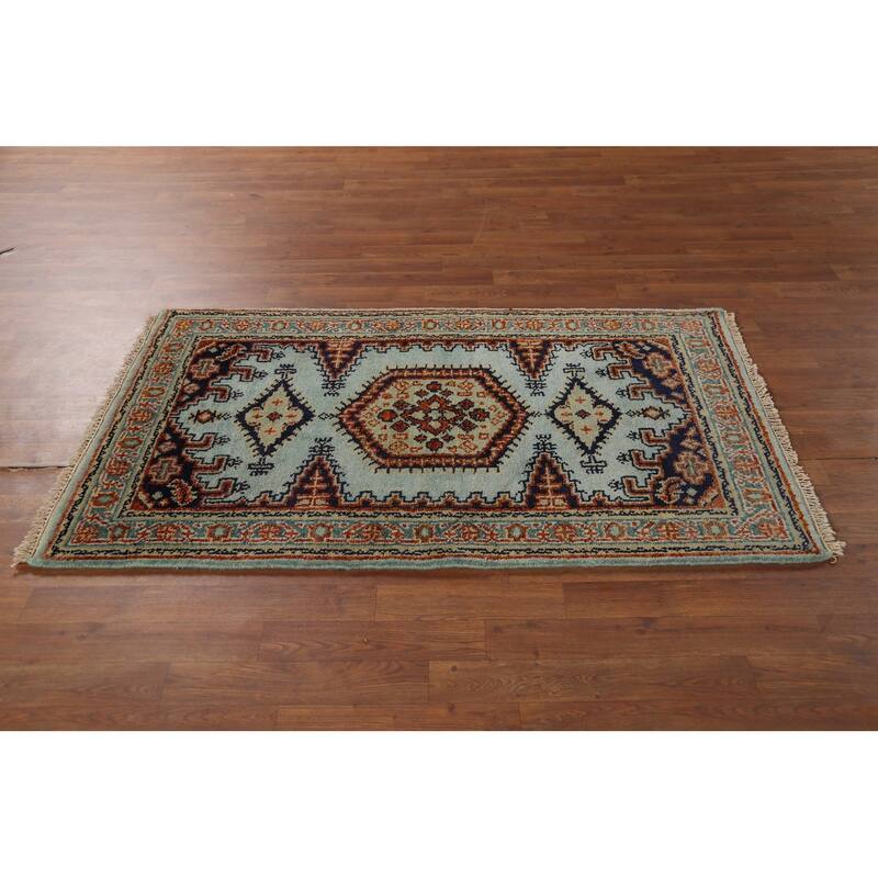 Turquoise Geometric Viss Indian Accent Rug Hand-Knotted Wool Carpet - 3'0"x 5'0"