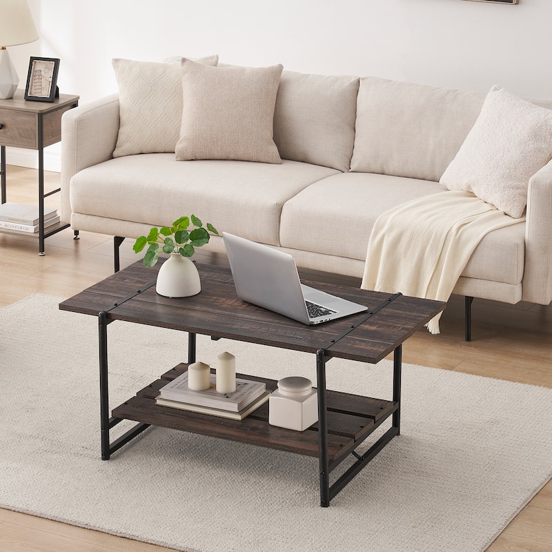 41" Large Wood Coffee Table with Storage Shelf