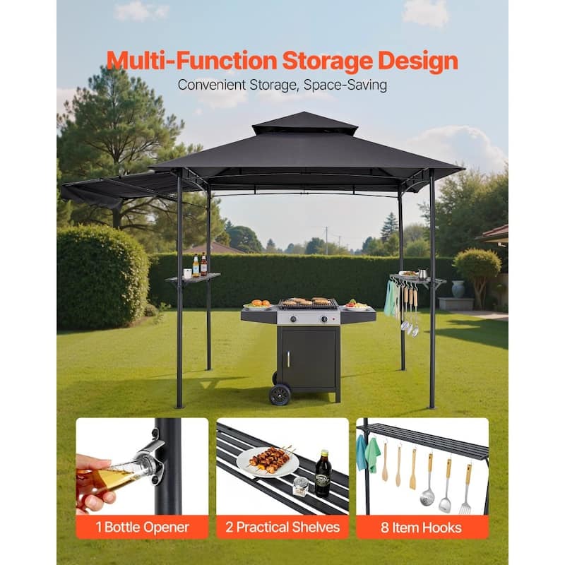 8x5 Feet BBQ Grill Gazebo with Double Tier Roof and Steel Frame Side Shelves and Hanging Hooks - 95.67” x 59.06” x 98.43”