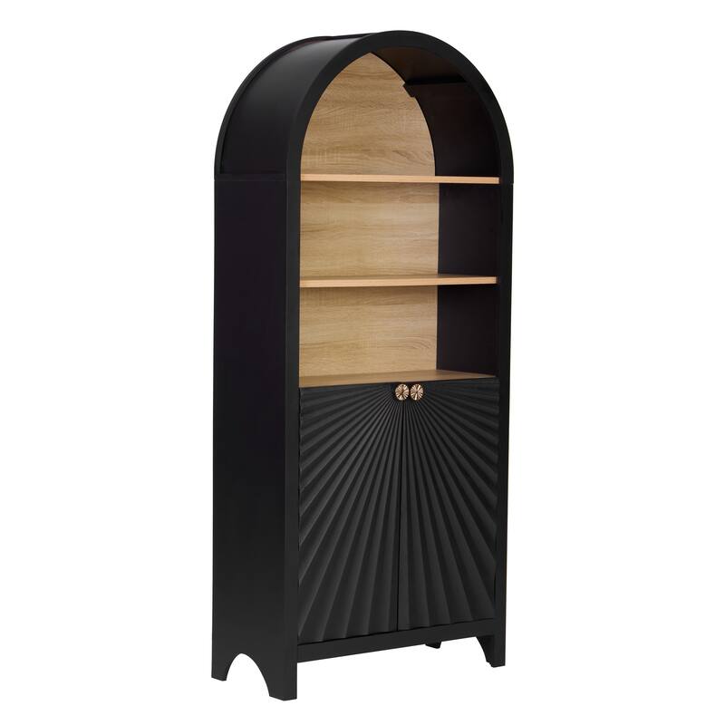61" Tall Arched Bookcase Cabinets, Wood Bookcase with Storage, Mid-Century Modern 5-Tier Bookshelf with Door, Open Shelves
