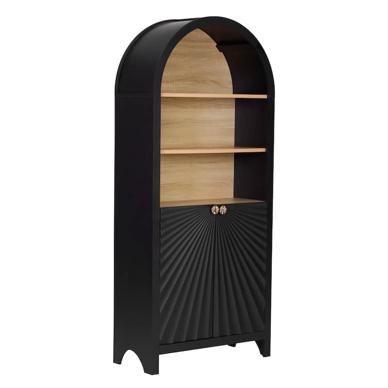 61" Tall Arched Cabinets,Bookcase with storage,Mid-Century Modern 5-Tier Bookshelf with Door,Black
