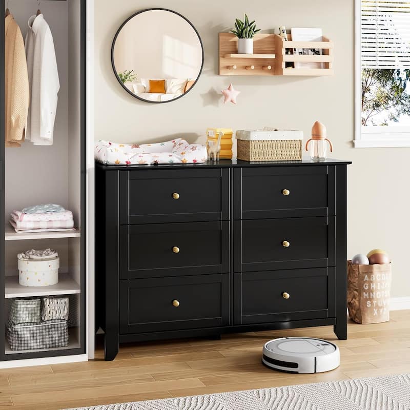 6 Drawer Dresser for Bedroom, Wooden Chest with Deep Drawers and Metal Knobs for Entryway, Hallway, or Kids Room