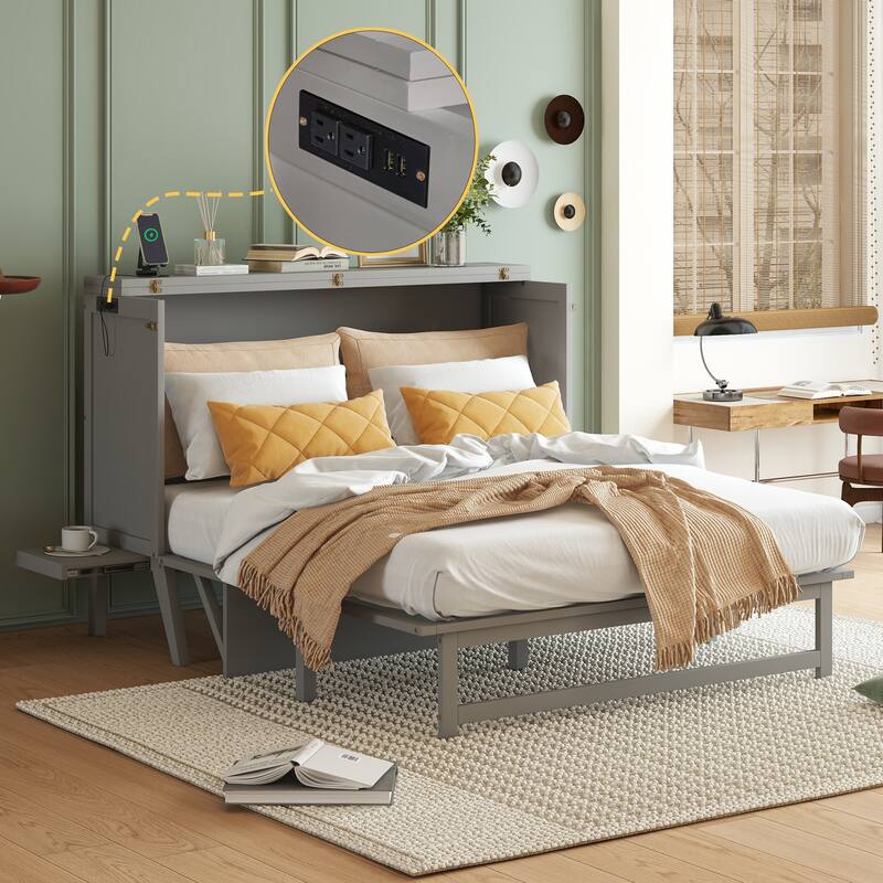 Queen Size Murphy Bed with USB Port and Removable Shelves on Each Side, Solid Pine Murphy Cabinet Bed for Home Office