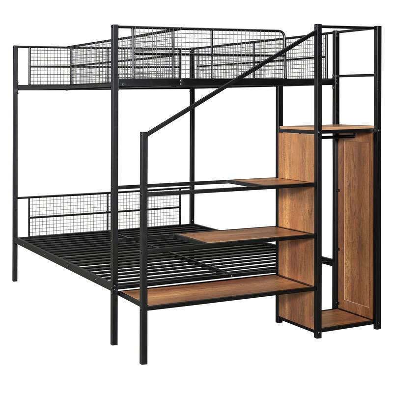 Space-Saving Twin-Over-Full Metal Bunk Bed with Built-In Wardrobe, Step Ladder, and Storage Options
