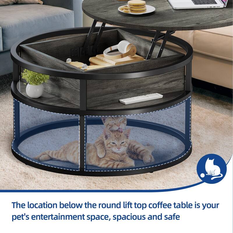 Moasis Farmhouse Lift Top Round Coffee Table with Hidden Storage and Shelf