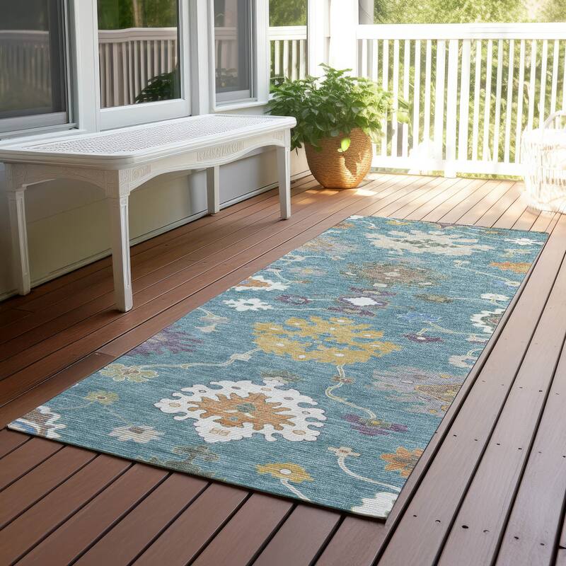 Machine Washable Indoor/ Outdoor Traditonal Delhi Chantille Rug - Teal - 2'3" x 7'6"
