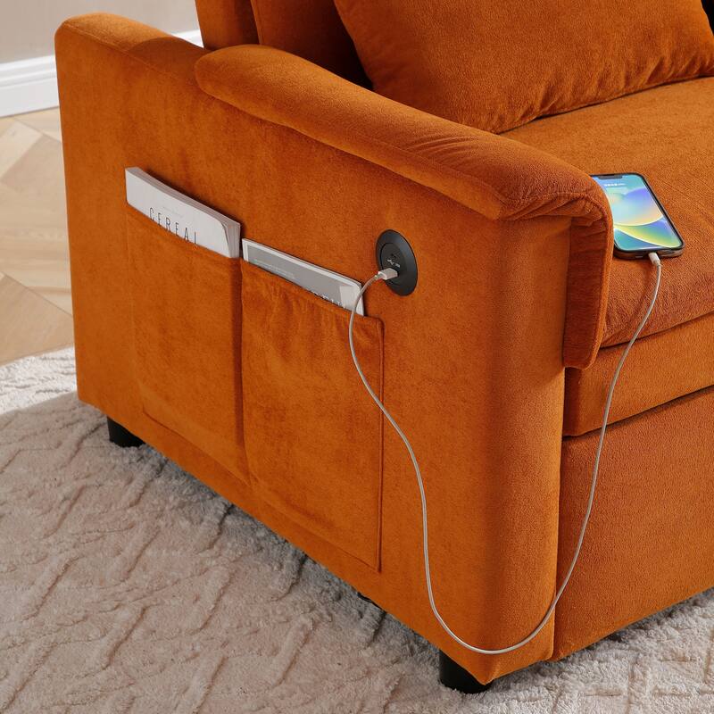 55" Orange Velvet 3 in 1 Convertible Sofa Bed with Adjustable Backrest and USB Ports