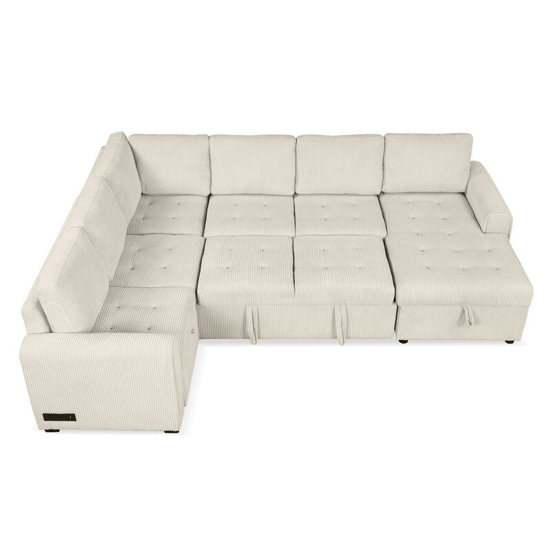 Convertible Sectional Sleeper Sofa with Pull Out Bed, Storage Chaise & Charging Devices, Oversized Corduroy U-Shaped Cloud Sofa
