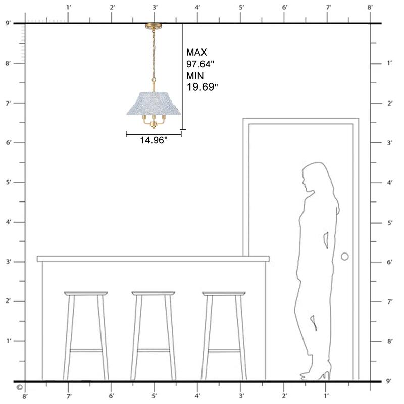 3-Light Pendant Light with Handblown Ripple Glass Kitchen Fixture - Dia.15-in