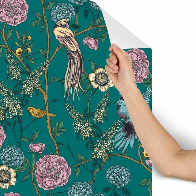 Pine Floral and Birds Peel and Stick Wallpaper - 10'ft H x 24''inch W