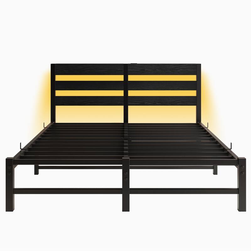 Queen Size Metal Bed Frame Metal Platform Bed with Wooden Headboard, RGB Lights, Charger and Shelf