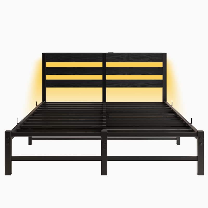 Queen Size Modern Metal Bed with Wooden Headboard,RGB Lights and Storage Shelf for Bedroom