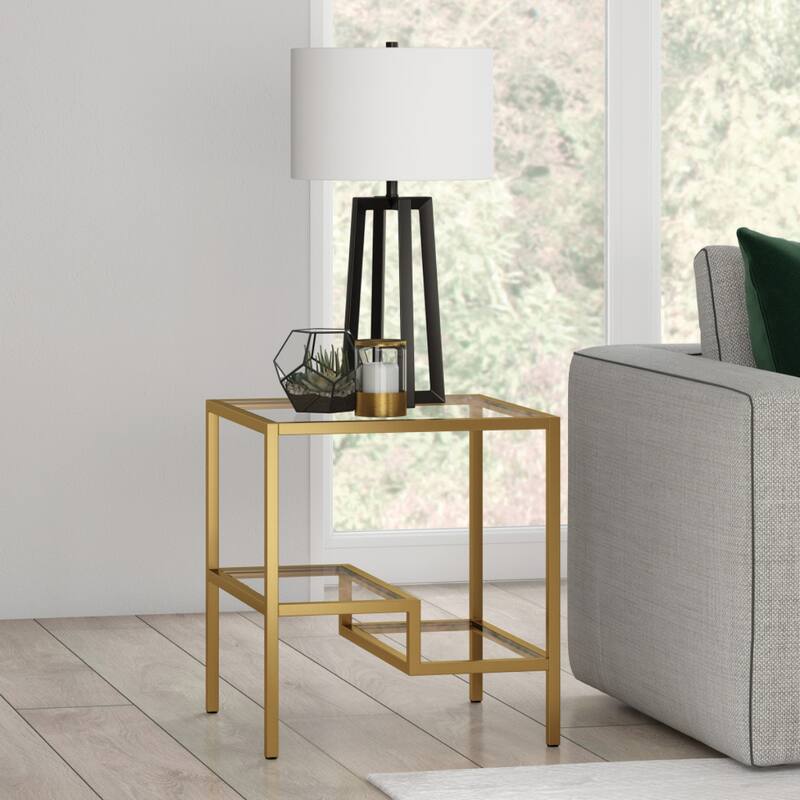 22" Glass and Steel Square End Table with Two Shelves - 22-inch H x 20-inch W x 20-inch D