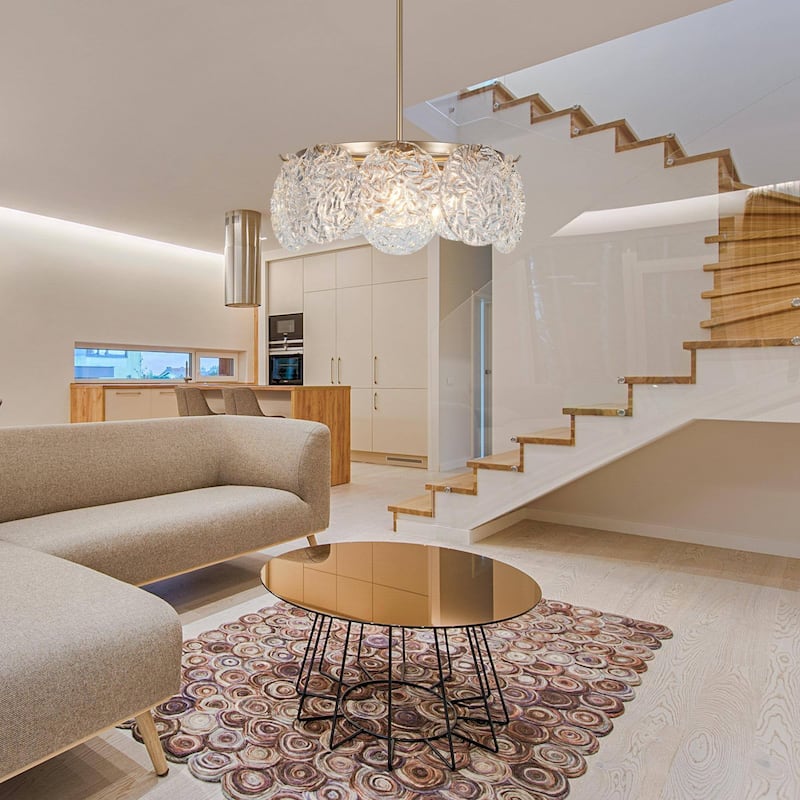 Modern Glam 5-Light Gold Drum Chandelier Glass Pendant Lights for Dining Room
